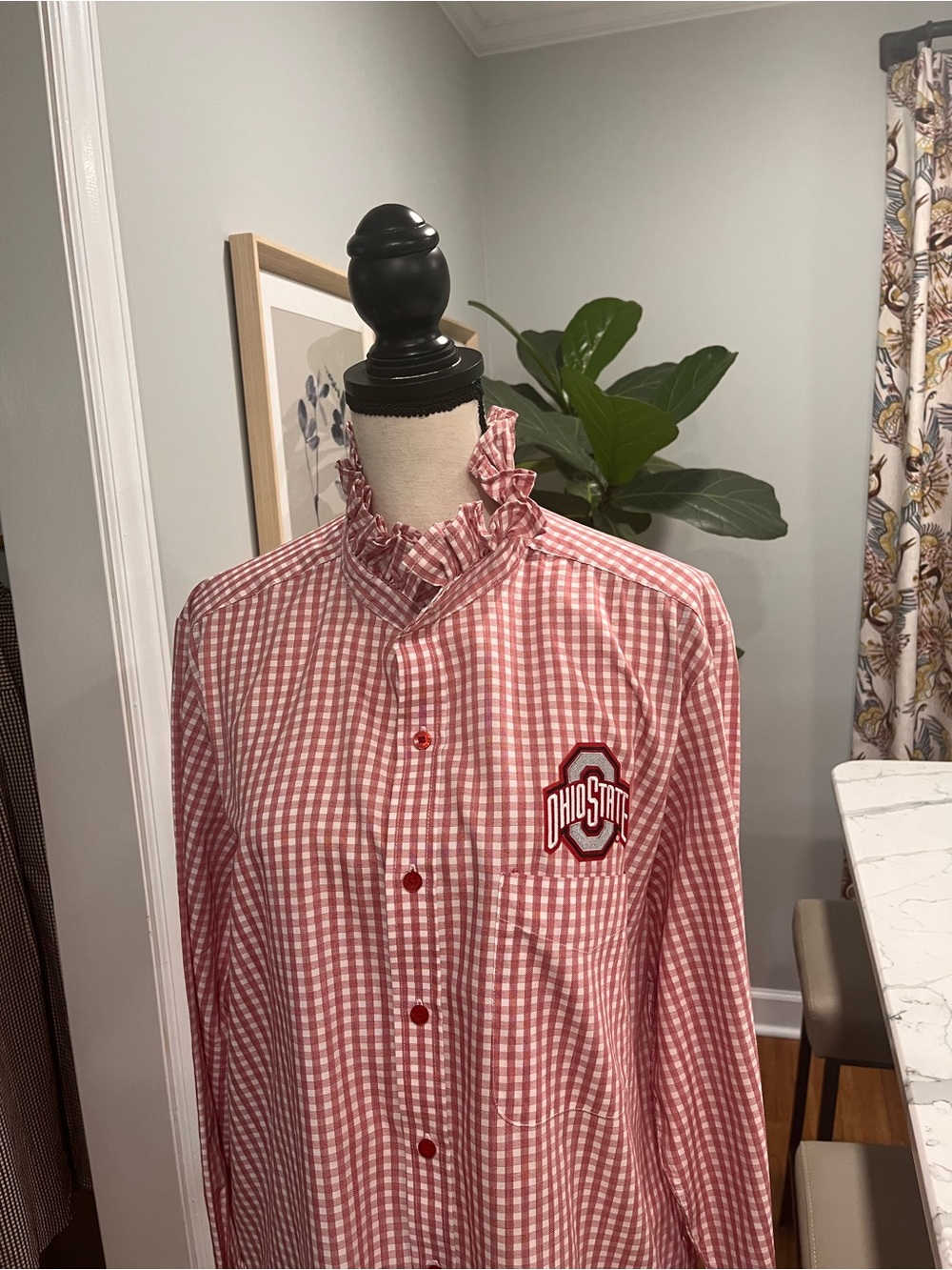 Ohio State Red Gingham Ruffle-Collar Button-Up Shirt